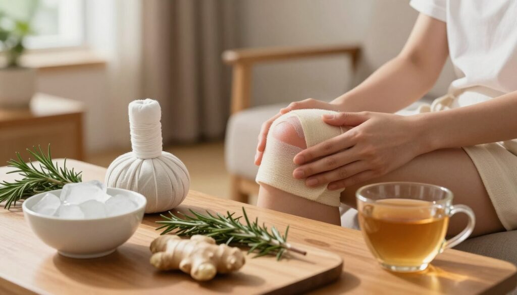 A serene home environment showcasing various natural remedies for reducing knee swelling. In the foreground, a wooden table is set with a bowl of ice, a wrapped compress, and fresh herbs like rosemary and ginger. A glass of herbal tea is beside it. In the middle, a pair of feet with a visible knee in the center, gently iced and wrapped in a soft cloth, suggest relaxation and care. The background features a cozy living room with soft, warm lighting, emphasizing a calming atmosphere. Sunlight filters in through a window, creating a peaceful ambiance. The angle is slightly overhead to capture all elements in harmony, evoking a sense of comfort and wellness.