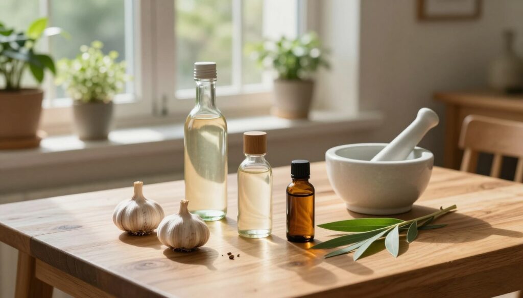 A serene home setting focused on natural remedies for treating warts. In the foreground, a neat wooden table displays various herbal ingredients like garlic, apple cider vinegar, and tea tree oil, arranged artistically alongside a mortar and pestle. In the middle ground, a well-lit window showcases healthy plants, symbolizing natural healing. The background features soft, blurred domestic decor, creating a cozy, inviting atmosphere. Warm, gentle sunlight filters through the window, casting soft shadows and enhancing the earthy tones. Shot with a slight top-down angle to emphasize the ingredients and their arrangement, evoking a sense of calm and holistic wellness. The overall mood is reassuring and natural, inviting viewers to explore home remedies.
