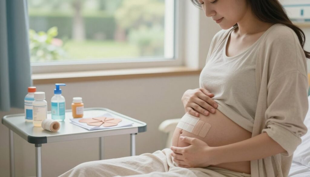 A serene hospital room depicting a soft, bright atmosphere. In the foreground, a calming visual of a woman in modest casual clothing gently touching her abdomen, reflecting on her recovery after a cesarean section. In the middle, there are details of medical supplies like bandages and a healing scar chart on a nearby table, emphasizing the care needed for post-operative healing. In the background, a window with natural light streaming in, showcasing a peaceful garden outside, symbolizing hope and future possibilities. The scene is bathed in soft, warm lighting, creating a nurturing and reflective mood, captured from a slightly elevated angle to convey depth and compassion.