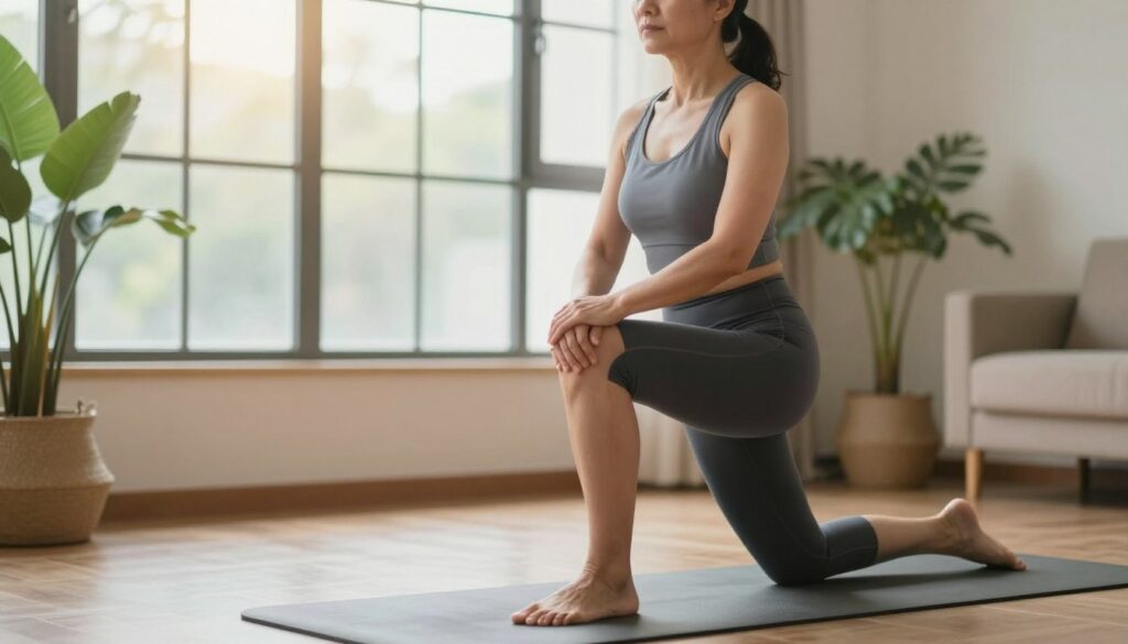 A serene indoor setting showcasing a person in a professional athletic outfit, performing a knee stretch on a yoga mat. The individual, a middle-aged woman with a focused expression, is positioned in the foreground, demonstrating proper technique with one leg extended behind her, highlighting the stretch in the muscles around her knee. In the middle ground, soft natural light filters through a large window, adding warmth to the scene. The background features plants and calming decor, enhancing the atmosphere of wellness and tranquility. The angle is slightly elevated, capturing the elegance of the stretch while ensuring clarity on the knee's position. The overall mood is peaceful and encouraging, emphasizing the importance of gentle movement for joint health.