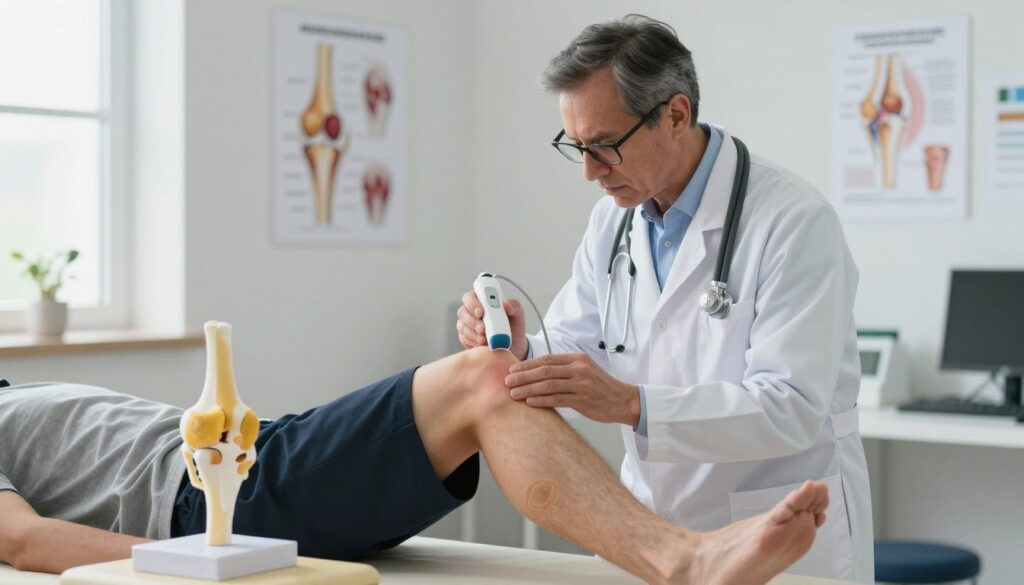 A serene medical consultation room, featuring a doctor in professional attire examining a knee on an examination table. The doctor, a middle-aged Caucasian male with glasses, is using a diagnostic device to investigate the knee, which is slightly swollen and showing signs of endoprosthesis. In the foreground, a model of a human knee joint is placed on a nearby table to illustrate the anatomical aspects. In the background, medical charts depict anatomical diagrams of the knee and endoprosthesis, while soft, natural light filters through a window, creating a calm atmosphere. The focus is sharp, enhancing the details of the doctor’s concerned expression and the patient’s knee, conveying a sense of urgency and professionalism in diagnosing potential issues.