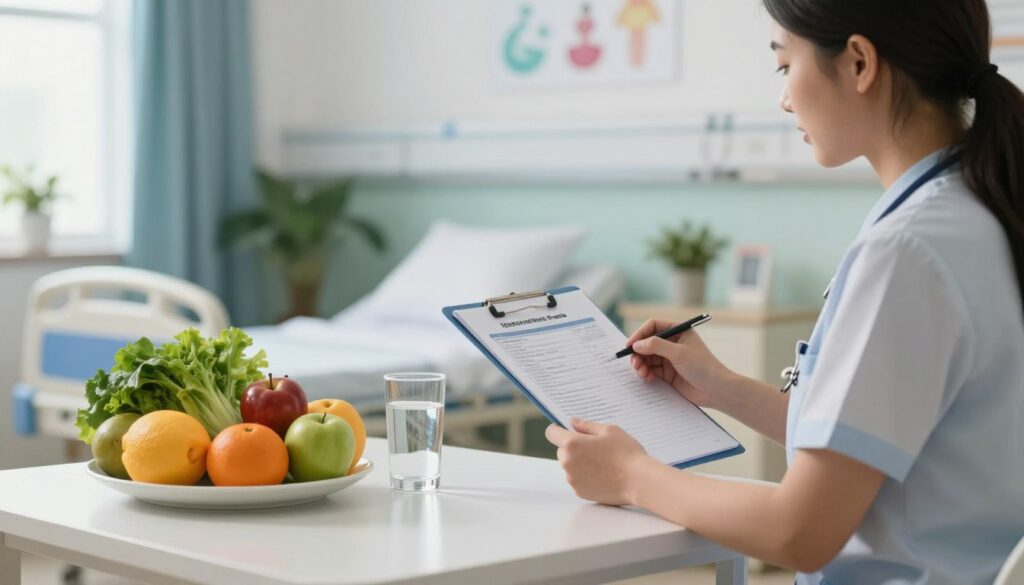 A serene medical environment focusing on the theme of healing factors. In the foreground, a neatly arranged table displays fresh fruits, vegetables, and a glass of water symbolizing a balanced diet that supports recovery. In the middle ground, a healthcare professional, dressed in modest medical attire, examines a chart with patient information, emphasizing the importance of care and monitoring. The background features a softly lit hospital room with soothing colors, plants, and healing imagery on the walls, creating a calming atmosphere. Natural light filters through a window, enhancing a sense of hope and positivity. The overall mood is encouraging and professional, inviting the viewer to understand the significance of various factors contributing to the recovery process.