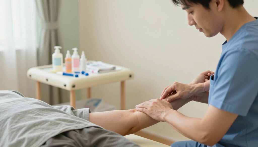 A serene physical therapy session focused on scar treatment, featuring a professional therapist in a clean, well-lit clinic. The foreground shows the therapist gently massaging the arm of a patient, who wears modest casual clothing. The therapist is attentively observing the scar, demonstrating a knowledgeable and compassionate approach. In the middle, a well-organized therapy workspace with various tools for treatment, such as lotion and scar management devices, arranged neatly on a table. The background reveals calming colors on the walls, with soft lighting creating a comforting atmosphere. The overall mood conveys hope and professionalism, highlighting the important role of physiotherapy in scar healing. The angle captures both the therapist and patient in a warm, engaging perspective, emphasizing their connection during the treatment process.