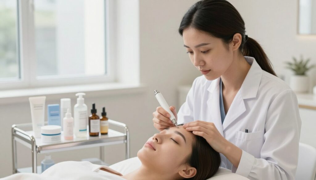 A serene skincare consultation taking place in a well-lit clinic. In the foreground, a professional aesthetician, dressed in a modest white lab coat, gently examines the brow area of a client who appears relaxed. The aesthetician uses a gentle, focused expression, showcasing their expertise in skin treatment. In the middle, various skincare products, such as soothing creams and serums, are displayed on a sleek treatment table, hinting at post-laser aftercare. In the background, soft, diffused natural light filters through a window, illuminating the clean and calming clinic environment. The overall mood is tranquil and professional, emphasizing the importance of proper care after permanent makeup removal to ensure a smooth healing process.