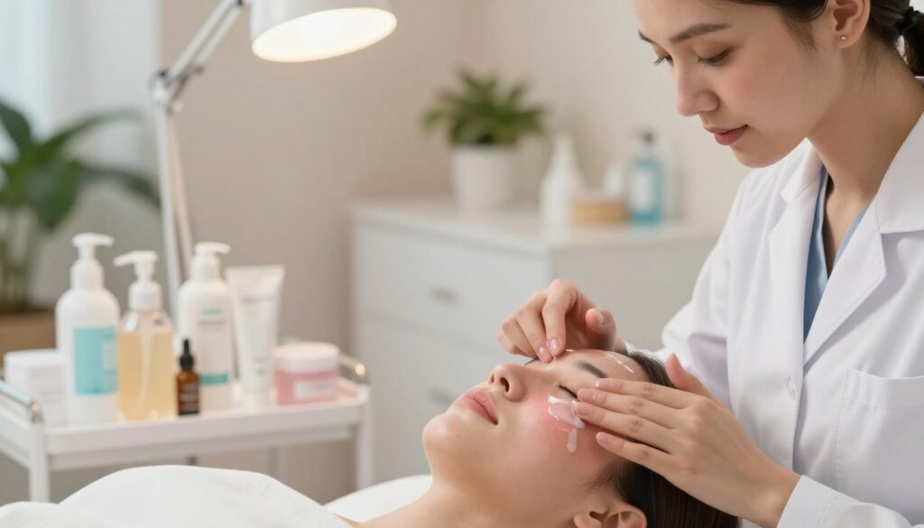 A serene skincare setting focused on post-cryo treatment care. In the foreground, a close-up of a professional skincare expert gently applying a soothing cream to a patient's skin showing slight redness from recent cryotherapy. The expert is wearing a white lab coat, emphasizing professionalism. In the middle ground, various skincare products are elegantly arranged, including hydrating gels and moisturizers, with soft, diffused lighting highlighting their textures. The background features a tidy, softly-lit treatment room with calming pastel colors, perhaps adorned with plants and healthcare paraphernalia, creating a soothing atmosphere. The mood is tranquil, focusing on healing and self-care, with a soft glow emanating from a nearby lamp. The angle captures both the expert's attentive expression and the care being administered, enhancing the emotional connection.