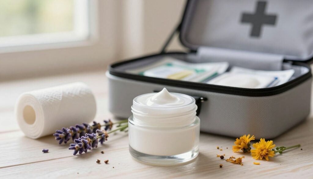 A small, elegant jar of wound healing ointment placed prominently in the foreground, showcasing its smooth, glossy surface, with a subtle reflection of light. To the left, a clean, white bandage roll lies alongside natural healing herbs like lavender and calendula petals, adding a touch of green and purple for contrast. In the middle ground, an open first aid kit reveals sterile pads and additional healing supplies, hinting at comprehensive care. The background is softly blurred, featuring warm, natural light filtering through a window, creating a peaceful and nurturing atmosphere, emphasizing the theme of healing and care. The overall mood should convey a sense of safety, wellness, and professionalism, akin to a soothing home remedy setting.