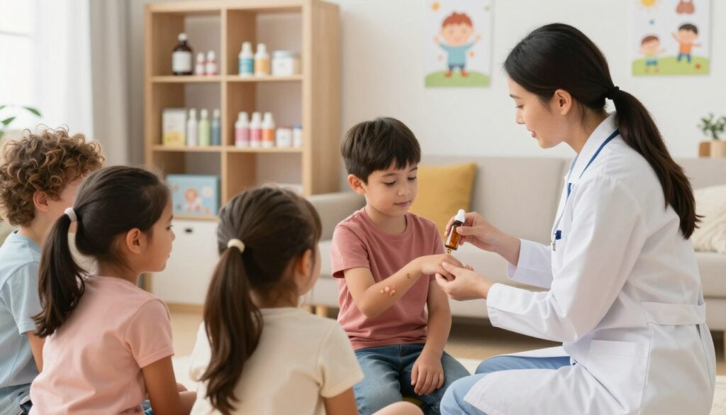 A soothing and informative scene illustrating safe treatment methods for warts in children. In the foreground, a diverse group of children, aged 6-10, dressed in modest, colorful clothing, are playfully interacting while a caring adult, dressed in a professional yet friendly outfit, demonstrates a natural wart treatment using a herbal remedy. In the middle ground, a well-lit room with soft, calming colors shows shelves filled with child-friendly health products and educational materials about safe skin care. The background features bright, cheerful wall decorations related to children's health and wellness. The lighting is warm and inviting, creating a nurturing atmosphere. Ensure the image captures a sense of care and safety, emphasizing the gentle approach to treatment without any invasive procedures.
