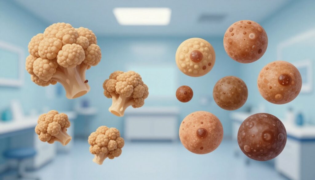 A split-panel illustration showcasing the differences between common warts and seborrheic keratosis. On the left, depict several common warts, characterized as raised, rough-textured growths with a cauliflower-like appearance, in varying sizes. On the right, illustrate seborrheic keratosis as smooth, slightly raised, and waxy plaques with a variety of colors from light tan to dark brown. The background should be a soft-focus dermatological examination room with calming blue tones for a clinical but approachable atmosphere. Use diffused lighting to create an even, gentle glow over the subjects, emphasizing their textural differences. The angle should be straight-on for clear visibility of both types of growths, avoiding clutter for a professional feel.