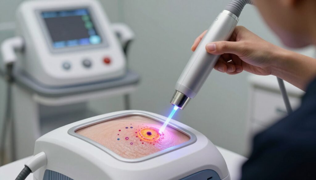 A state-of-the-art laser device is shown in the foreground, featuring sleek metallic elements and a glowing laser beam directed towards a small surface resembling a nail undergoing treatment. The middle ground showcases a high-resolution close-up of the laser targeting the tissue, illustrating the interaction between the laser light and the skin cells with vibrant colors and intricate details. In the background, a softly blurred clinical environment is depicted, with equipment and tools often found in a medical setting, enhancing the professional atmosphere. The lighting is bright and focused, emphasizing the laser's precision, while soft shadows add depth. The overall mood conveys innovation and advanced medical technology, suitable for an informative article on laser treatment effectiveness.