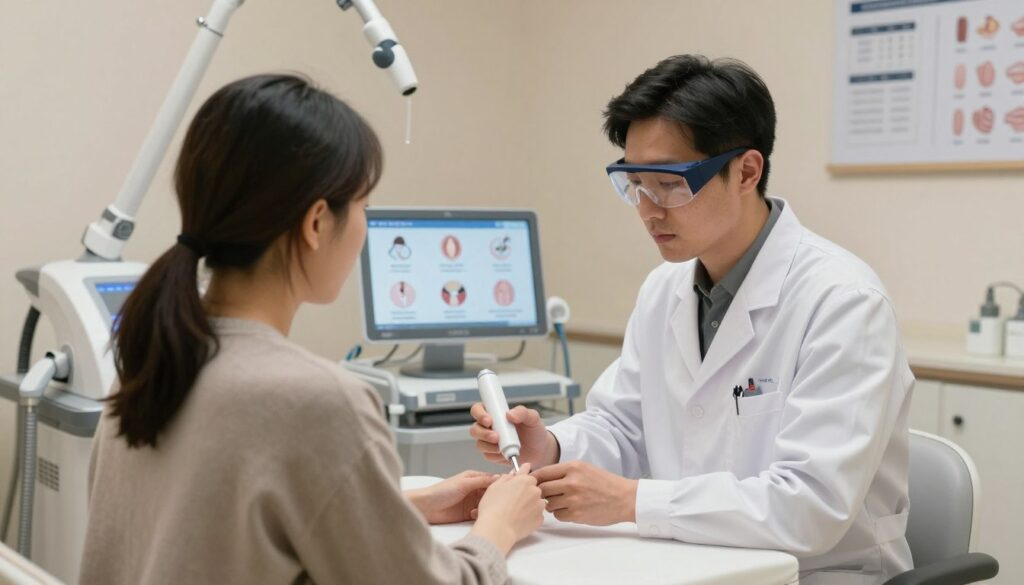 A sterile medical environment showcasing a professional consultation about lasering nail fungus treatment. In the foreground, a medical professional in a white lab coat and protective eyewear is attentively discussing a treatment plan with a patient, who is dressed in modest casual clothing. The middle layer features a digital display screen with icons representing contraindications, such as pregnancy, certain skin conditions, and compromised immune systems. The background includes a well-organized medical room with laser treatment equipment and charts related to nail health. Soft, ambient lighting casts a calm atmosphere, emphasizing professionalism and care, with a slight depth of field effect to draw focus on the interaction between the doctor and the patient.