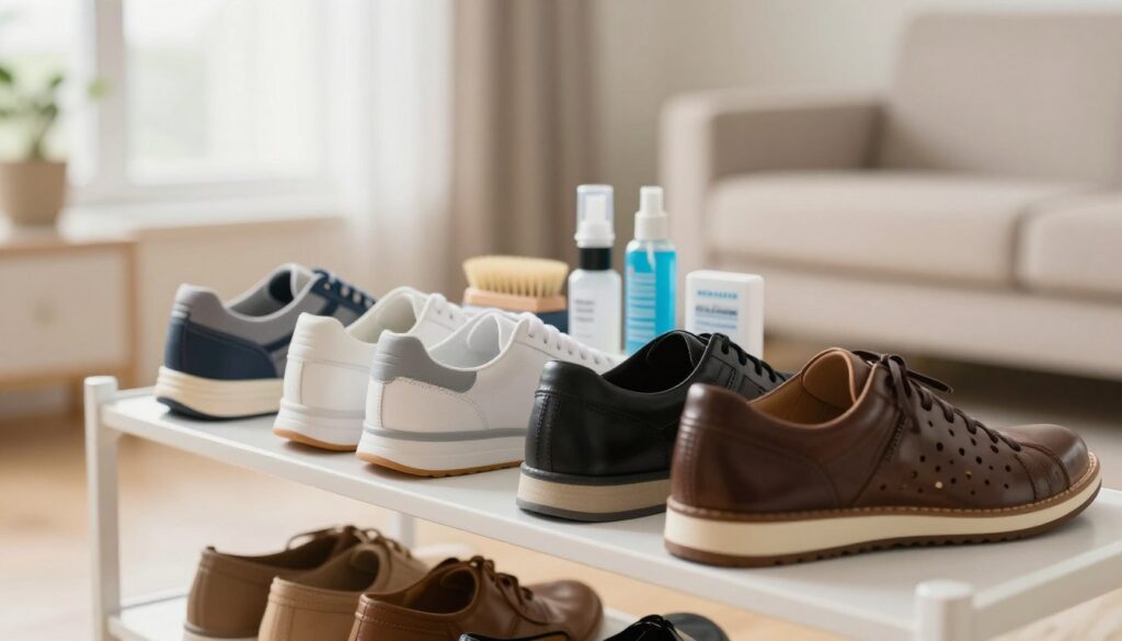 A stylish pair of well-maintained shoes placed in a clean, organized shoe rack, with a soft focus background of a pristine home environment. In the foreground, the shoes should be polished and neatly arranged, showcasing different types such as sneakers, formal shoes, and sandals, highlighting their ventilation features. The middle ground will have a small, elegant shoe care kit including brushes, cleaner, and antibacterial spray. The background features a softly lit room with natural light filtering through a window, creating a warm and inviting atmosphere. The overall mood should convey care and attention to maintaining footwear hygiene, underscoring the importance of proper shoe care during infections. Soft shadows should add depth without overwhelming details.