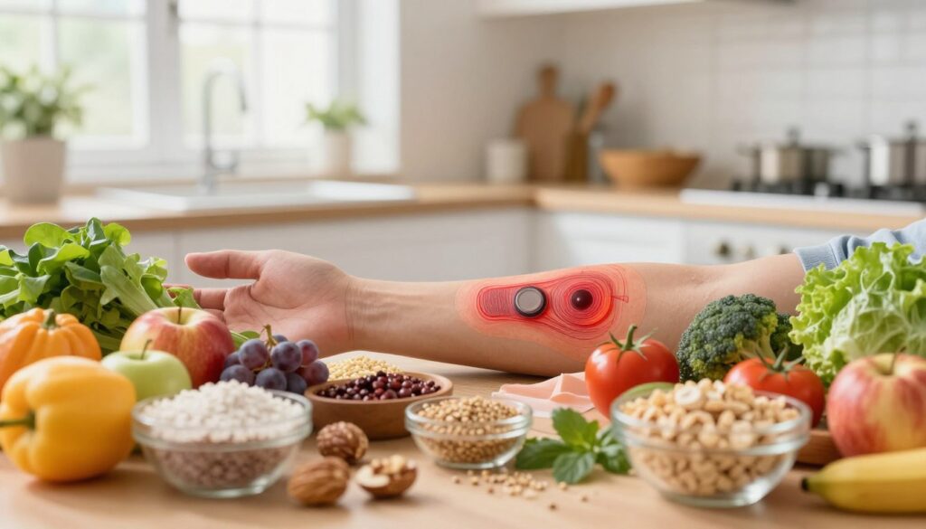 A vibrant and detailed composition focusing on the role of diet in wound healing, featuring a colorful assortment of nutritious foods in the foreground, including fresh fruits, vegetables, whole grains, and protein sources like nuts and fish. In the middle, a healing wound on a human arm, depicted in a clinical and educational manner, showcasing how proper nutrition assists in recovery. The background is softly blurred, featuring a cozy kitchen setting with natural light streaming through a window, creating an inviting atmosphere. The image should evoke a sense of health and well-being, with a focus on the importance of diet in the body’s repair processes. Shot with a wide-angle lens to capture both details and the overall scene, ensuring a harmonious balance of colors and elements.