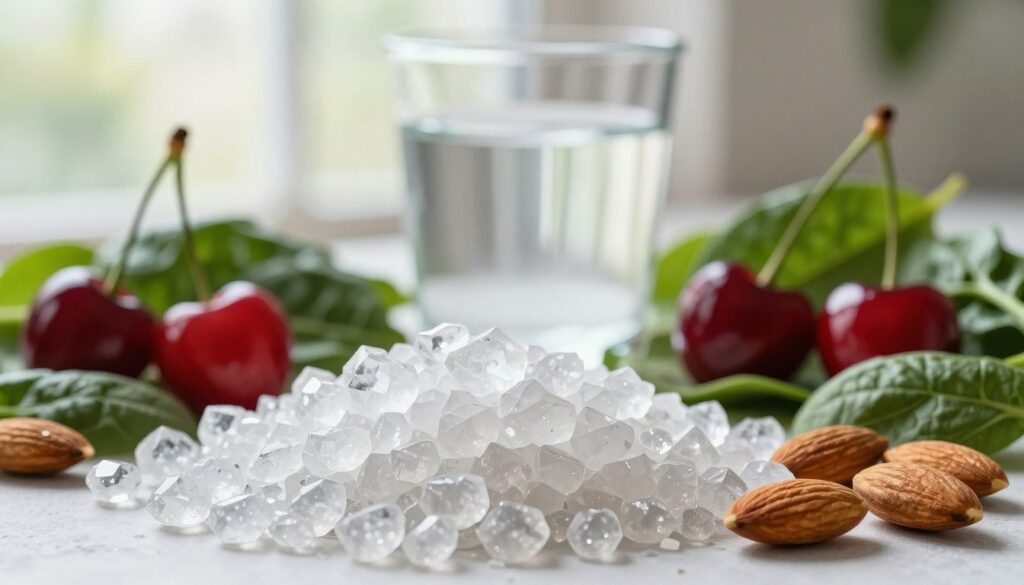 A vibrant still life composition featuring uric acid crystals, intricately detailed and brightly illuminated to showcase their translucent facets, in the foreground. Surrounding these crystals are fresh, colorful foods known for their role in lowering uric acid levels, such as cherries, spinach, and almonds, arranged artfully around the base. In the middle background, a blurred glass of water symbolizes hydration, emphasizing its importance in dietary management. The background features soft, natural light filtering through a window, creating a warm, inviting atmosphere. The overall mood is informative and engaging, aiming to educate viewers about the dietary influences on uric acid levels while maintaining a clean and professional aesthetic. A vibrant still life composition featuring uric acid crystals, intricately detailed and brightly illuminated to showcase their translucent facets, in the foreground. Surrounding these crystals are fresh, colorful foods known for their role in lowering uric acid levels, such as cherries, spinach, and almonds, arranged artfully around the base. In the middle background, a blurred glass of water symbolizes hydration, emphasizing its importance in dietary management. The background features soft, natural light filtering through a window, creating a warm, inviting atmosphere. The overall mood is informative and engaging, aiming to educate viewers about the dietary influences on uric acid levels while maintaining a clean and professional aesthetic.