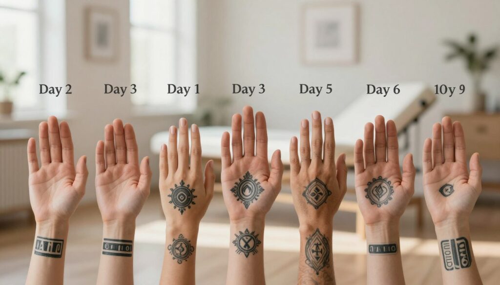 A visually striking and educational illustration depicting the healing stages of a tattoo, emphasizing the diferentes sizes of tattoos and their healing times. In the foreground, a series of several hands, each with various sizes of freshly inked tattoos, showcasing the healing process from Day 1 to Day 10. Each hand is well-groomed, and the tattoos are distinct, featuring intricate designs. The middle layer includes a soft-focus background of a serene, well-lit room, suggesting a calm atmosphere. The lighting is natural, creating gentle shadows that highlight the texture of the skin and tattoos. The overall mood is informative and professional, designed to educate the viewer about tattoo care and healing.