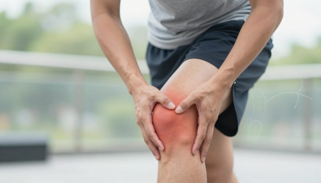 A vivid illustration depicting the concept of referred pain from various body parts to the knee area. The foreground showcases a close-up of a person's knee, appearing slightly swollen and tense, as if in discomfort. Surrounding the knee are subtle visual cues representing potential sources of pain, such as a faint outline of the lower back and hip to indicate referred pain. The middle ground features a blurred figure dressed in modest athletic wear, gently stretching or applying a cold compress to their knee, embodying a sense of care and attention. The background is softly blurred, suggesting a gym or outdoor environment, bathed in soft, diffused daylight, creating a calm and introspective mood. The overall atmosphere conveys a balance between discomfort and the pursuit of relief.