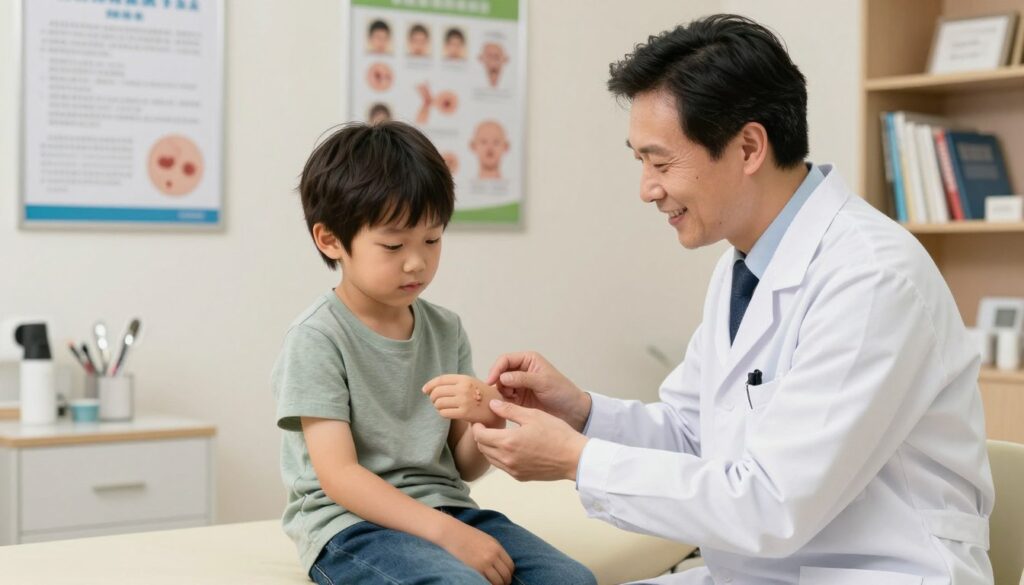 A well-lit consultation room featuring a pediatrician examining a child with a wart on their hand. In the foreground, the pediatrician, dressed in a smart white coat, is gently pointing to the wart while explaining the condition, showcasing a friendly smile. The child, in casual clothing, looks attentive and calm, seated on the examination table. In the middle ground, medical charts and educational posters about warts are visible on a wall, emphasizing a professional environment. Soft, warm lighting creates a reassuring atmosphere. The background includes medical tools and a bookshelf filled with medical books, reinforcing the clinical setting. The overall mood is one of care and professionalism, promoting a sense of safety in consultation.