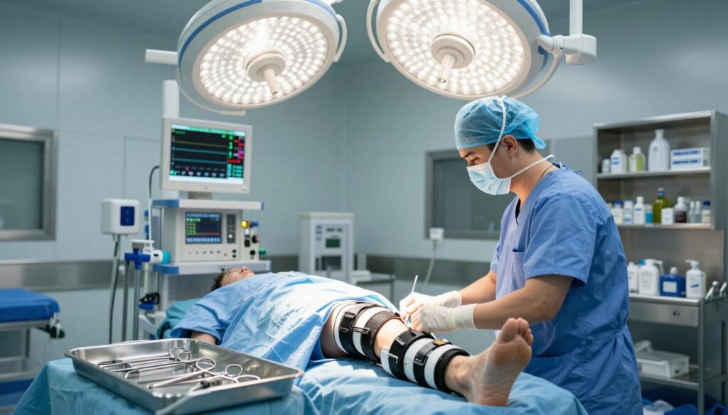 A well-lit hospital operating room, showcasing advanced surgical equipment and instruments arranged meticulously on a sterile tray. In the foreground, a medical professional wearing scrubs and a surgical mask is carefully positioning a patient on the operating table, whose leg is in a brace indicative of a valgus knee condition. The middle ground features an array of monitors displaying vital signs, and surgical lights casting a soft glow, emphasizing the seriousness of the operation. The background is filled with shelves of medical supplies, conveying a sense of preparedness. The overall atmosphere is one of focus and professionalism, highlighting the importance of corrective procedures for severe knee deformities. The image should capture the gravity and expertise required in advanced surgical treatment, portraying a scene of hope and precision.