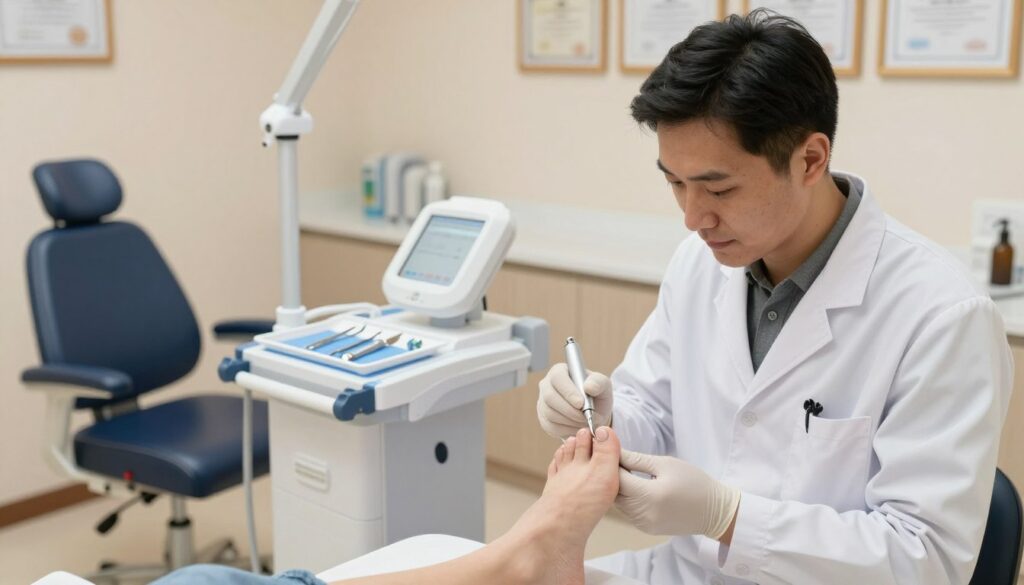 A well-lit, modern medical office focused on toenail treatment for ingrown toenails. In the foreground, a professional podiatrist in a white lab coat examines a patient's foot, using advanced tools designed for nail care. The podiatrist's expression is focused and compassionate. In the middle ground, a high-tech treatment setup includes an ergonomic chair and a variety of medical instruments on a sterilized tray. The background features calming colors and soft lighting to create a soothing atmosphere, with framed certifications on the wall. The angle is slightly above eye level, capturing both the procedure and the serene environment. The overall mood emphasizes professionalism, innovation, and patient care in modern podiatry.