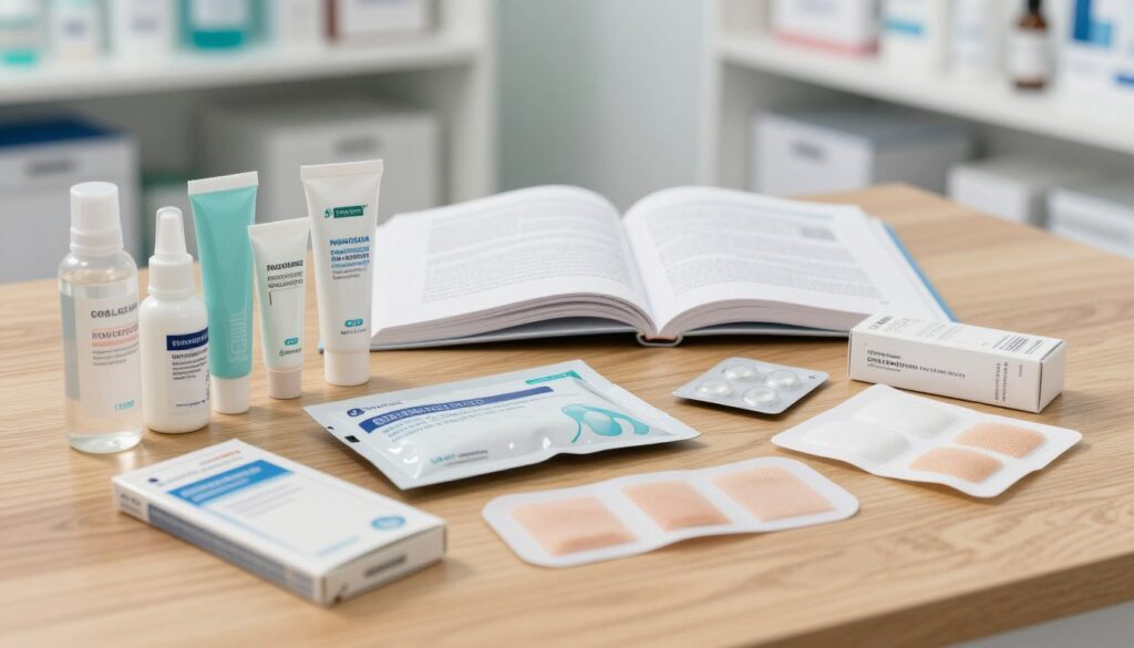A well-organized and informative display of various wound treatment preparations, arranged artfully on a wooden tabletop in a well-lit clinic environment. In the foreground, show an array of high-quality wound ointments, gels, and bandages in elegant packaging, with close-up focus on textures and colors. The middle ground features an open medical textbook discussing wound healing, hinting at educational use. In the background, softly blurred, shelves filled with medical supplies create a professional atmosphere. Use soft, natural lighting to illuminate the scene, emphasizing clarity and cleanliness. The mood should feel reassuring and informative, suitable for a healthcare setting. Capture this scene with a slight overhead angle to reveal all elements distinctly.
