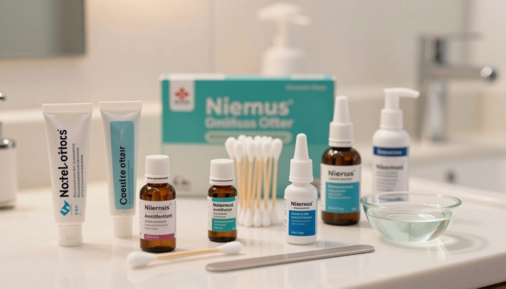 A well-organized display of over-the-counter antifungal treatments for nail fungus, featuring a variety of products including ointments, creams, and nail solutions. In the foreground, showcase labeled tubes and bottles with a focus on their distinctive packaging design. The middle ground should include an arranged, aesthetically pleasing setup with cotton swabs, nail files, and a small bowl of water for soaking nails. The background can feature a softly blurred bathroom countertop setting, with warm, inviting lighting to create a calm atmosphere. Use a shallow depth of field to emphasize the products while maintaining a clean, professional look. The overall mood should convey hope and accessibility in the treatment of nail fungus, emphasizing effective home care solutions.