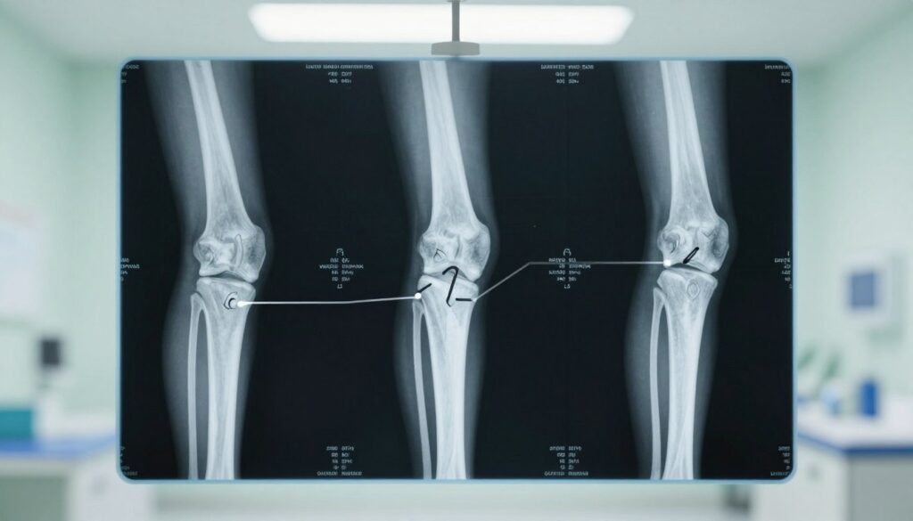 An anatomical illustration focusing on X-ray projections of the knee joint, highlighting key diagnostic views. The foreground features a clear and detailed X-ray image of the knee, showcasing various angles such as lateral, anteroposterior, and oblique views. The middle layer includes annotations pointing to specific aspects of the joint, such as ligaments and cartilage, that are critical for diagnosis. The background is softly blurred, depicting a clinical setting with light green hues, giving an impression of a clean, professional environment. Bright, diffused lighting enhances the clarity of the X-ray, while a slight overhead angle emphasizes the depth of the joint structures. The overall mood is informative and clinical, with an emphasis on precision and clarity in medical imaging. An anatomical illustration focusing on X-ray projections of the knee joint, highlighting key diagnostic views. The foreground features a clear and detailed X-ray image of the knee, showcasing various angles such as lateral, anteroposterior, and oblique views. The middle layer includes annotations pointing to specific aspects of the joint, such as ligaments and cartilage, that are critical for diagnosis. The background is softly blurred, depicting a clinical setting with light green hues, giving an impression of a clean, professional environment. Bright, diffused lighting enhances the clarity of the X-ray, while a slight overhead angle emphasizes the depth of the joint structures. The overall mood is informative and clinical, with an emphasis on precision and clarity in medical imaging.