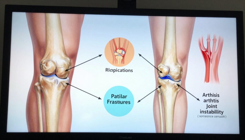 An anatomical illustration focusing on knee joint complications, specifically highlighting patellar fractures and their long-term effects. In the foreground, display a detailed, labeled diagram of a human knee, showing fractures of the patella with arrows indicating key areas of concern, including soft tissue damage. In the middle ground, illustrate a schematic representation of potential complications, such as arthritis and joint instability, using distinct colors for clarity. The background features a subtle gradient, simulating a clinical environment. Use soft lighting to enhance the details, and frame the scene from a slightly elevated angle, giving a comprehensive view while maintaining professionalism. Aim for a medical, educational atmosphere that conveys seriousness and hope for rehabilitation.