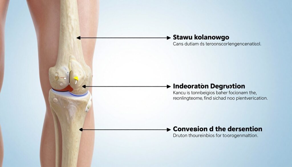 An anatomical illustration of the knee joint, showcasing the stawu kolanowego (knee joint) from a medical perspective. In the foreground, a detailed structure of the knee, highlighting the ligaments, cartilage, and joint capsule. The middle layer includes arrows and labels indicating signs of degeneration, with a focus on alternative treatment options like physical therapy techniques and acupuncture, featuring tools and diagrams that represent these methods. The background is a soft, blended gradient of light blue and white, suggesting a clinical atmosphere, illuminated with soft, diffused lighting that highlights the knee details without harsh shadows. The overall mood is informative and professional, aiming to educate the viewer about the knee joint and its treatments.