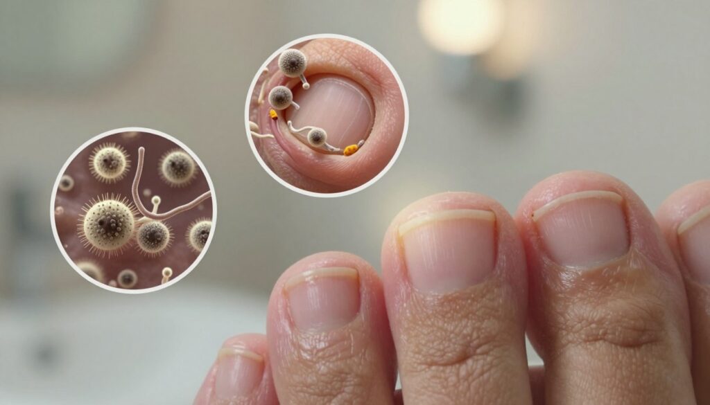 An educational illustration depicting the mechanism of fungal nail infection. In the foreground, a close-up of a healthy toenail transitioning into an infected one, showing the gradual discoloration and texture changes caused by fungi. The middle section includes magnified images of fungal spores and hyphae invading nail tissue, rendered in intricate detail. In the background, a soft-focused representation of a bathroom environment with a subtle light source illuminating the nails, creating a clinical yet informative atmosphere. Use natural lighting to emphasize the textures, and angle the view to provide a comprehensive overview of the condition’s progression. The mood should be serious and informative, suitable for a medical article.
