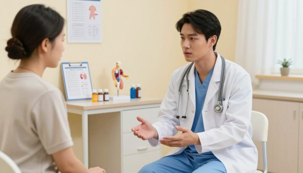 An illustrative image of a medical consultation room focusing on post-operative care related to circumcision. In the foreground, a compassionate healthcare professional, dressed in a neat white lab coat and light blue scrubs, attentively discussing discomfort management with a patient who is wearing comfortable, modest clothing. In the middle ground, a well-organized treatment area displays medical charts, pain relief medication, and anatomical models for educational purposes. The background features warm, calming colors, with soft, diffused lighting creating a serene atmosphere. The overall mood is professional, supportive, and informative, illustrating the process of managing post-operative pain and discomfort in a reassuring environment.