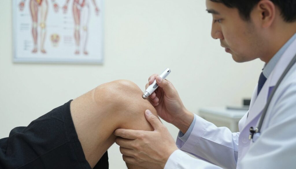 An orthopedic clinic examination room, featuring a close-up view of a patient's knee being examined by a physician in professional attire. The physician should be focused and engaged, using a diagnostic tool to assess the knee joint. The background displays medical charts and anatomical diagrams related to the knee, creating an informative atmosphere. Soft, natural lighting illuminates the scene, highlighting the details of the knee and the tools used in the diagnostics. The angle is slightly tilted to emphasize the interaction between the doctor and patient, evoking a sense of professionalism and care. The overall mood is serious yet reassuring, reflecting the importance of medical evaluation in addressing knee issues.