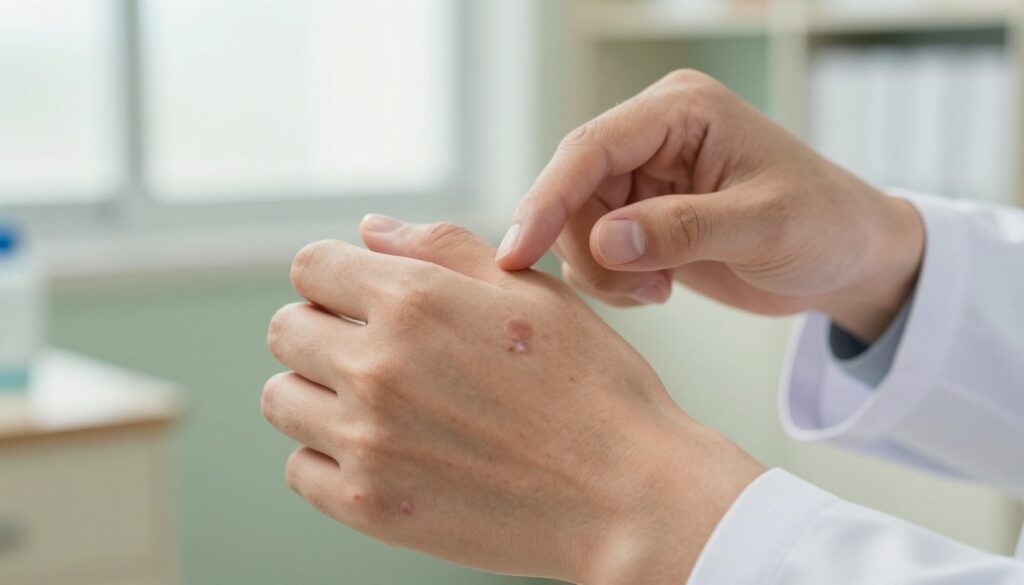 Close-up view of a human hand gently examining various skin lesions that resemble warts on a vibrant, health-focused background. The foreground features highlighted skin areas showcasing subtle changes characteristic of warts, with a focus on texture and color variations to enhance visibility. In the middle ground, a doctor's hand, clad in a white lab coat, points to the skin lesions, symbolizing the process of identification. The background is softly blurred, featuring a clean and bright medical environment, with natural daylight coming through a window to create an inviting atmosphere. The image should evoke a sense of professionalism and attentiveness, using warm lighting to enhance the visual appeal without distractions.