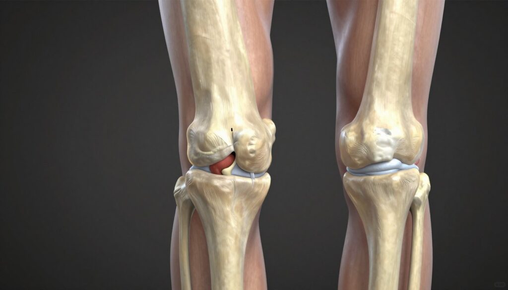 Detailed anatomical illustration of the knee joint ligaments, focusing on the crucial stabilizing ligaments such as the anterior cruciate ligament (ACL) and posterior cruciate ligament (PCL). In the foreground, prominently depict the ligaments with precise textures and colors, showcasing their intricate structure. In the middle background, include a partial view of the femur and tibia to provide context and illustrate their connection to the ligaments. Use soft lighting to highlight the details, creating a clinical and educational atmosphere. The perspective should be slightly angled to show depth while maintaining clarity. Emphasize a clean, polished look, suitable for an academic article, without any text or distractions in the image.