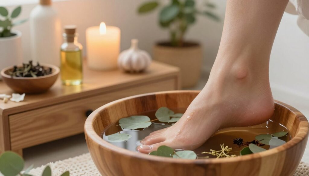 Foot soaking in a wooden bowl with herbal remedies, depicted against a soft, tranquil bathroom setting. The foreground features a close-up of a foot submerged in warm, natural water infused with eucalyptus leaves and a few aromatic herbs, reflecting a remedy for athlete's foot. In the middle ground, a gently lit wooden vanity holds bowls of natural ingredients like tea tree oil and garlic, emphasizing safe home treatments. The background includes softly glowing candles and a plant, creating a calming atmosphere. The lighting is warm and inviting, simulating a late afternoon glow. The overall mood conveys a sense of care and relief, focusing on self-pampering and attention to health, reflecting the article's subject on foot care.