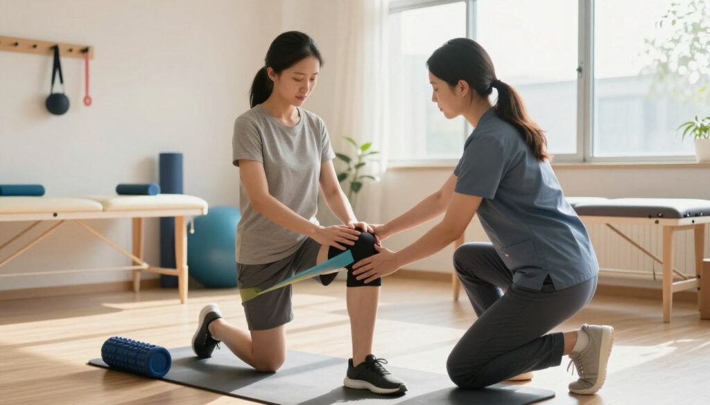 In a bright, modern physiotherapy clinic, a focused physiotherapist actively demonstrates knee rehabilitation techniques to a patient. The foreground showcases the therapist in professional athletic wear, attentively guiding the patient through gentle exercises aimed at treating ligament strains in the knee. The patient, dressed in modest casual clothing, exhibits concentration while performing a knee exercise using resistance bands. In the middle ground, various therapy equipment is displayed, including exercise mats, foam rollers, and resistance bands. The background features a well-lit, spacious clinic with large windows allowing natural light to flood the room, creating a warm and inviting atmosphere. The scene conveys a sense of professionalism, collaboration, and healing, emphasizing the importance of conservative treatment methods in physiotherapy. Soft, warm lighting enhances the overall mood.