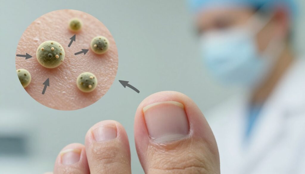 In a clinical setting, illustrate the mechanisms of nail fungal infection spreading to other areas of the body. In the foreground, display a close-up of an infected toenail, focusing on the peeling and discoloration of the nail. In the middle ground, show a diagrammatic representation of fungal spores dispersing through the air and contact with healthy skin, possibly with arrows indicating the pathways of infection. In the background, create a subtle, sterile environment with soft, diffused lighting to evoke a medical atmosphere. Use a shallow depth of field to highlight the foreground with a slight blur on the background elements. The overall mood should be informative and cautionary, aimed at conveying the seriousness of untreated nail fungus.