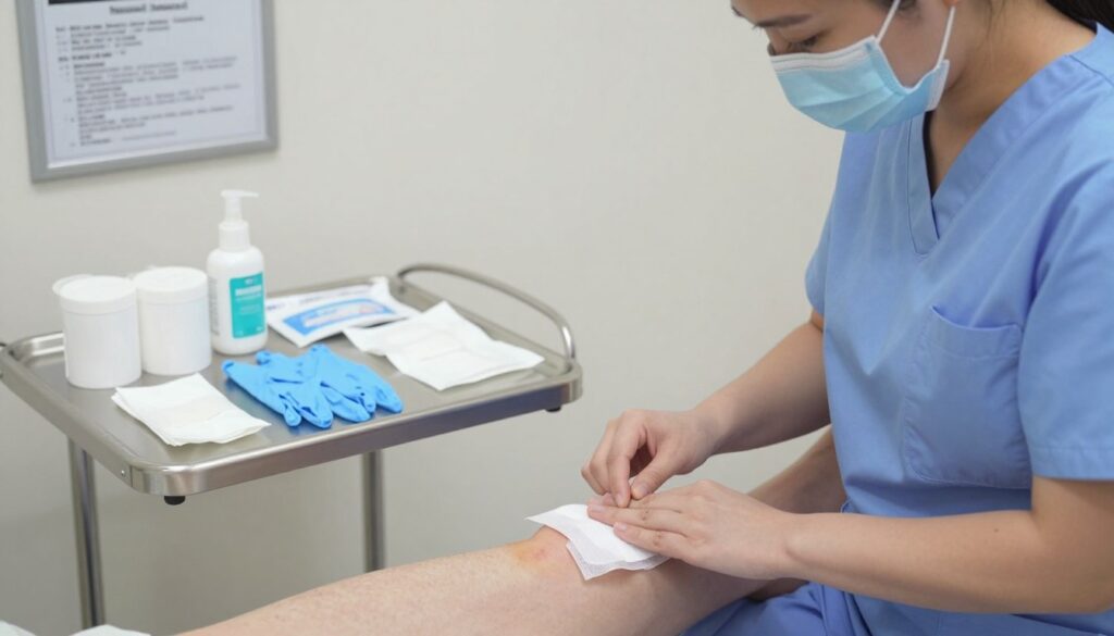 In the foreground, a clean and well-organized medical setting is depicted, featuring a sterile table with neatly arranged bandaging supplies, ointments, and sterile gloves. A healthcare professional, dressed in a light blue scrubs and wearing a face mask, is gently applying a fresh dressing to a patient's lower body area, maintaining a respectful and professional demeanor. The middle layer shows an open package of absorbent dressings and antiseptic wipes, emphasizing the meticulous care involved in daily wound management. In the background, soft lighting creates a calm atmosphere, highlighting a mounted chart detailing wound care instructions. The overall mood is reassuring and hygienic, emphasizing the importance of safety and comfort during the healing process. The angle captures the scene from slightly above, ensuring an informative and respectful presentation.