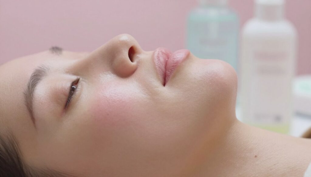Skin in the healing process after a plasma treatment, closely focused to show texture and details. In the foreground, present smooth, healing skin with minimal redness, glistening slightly under soft, diffused lighting to reflect moisture and care. In the middle ground, include subtle hints of skincare products, such as a gentle cleanser and a soothing moisturizer, arranged neatly to suggest a skincare routine. The background features a soft, blurred pastel color to evoke a calm, healing atmosphere. Use a macro lens perspective to capture the intricacies of the skin’s surface, ensuring a professional and sterile environment that emphasizes healing and rejuvenation. The overall mood should be serene and nurturing, highlighting the importance of post-treatment skincare.