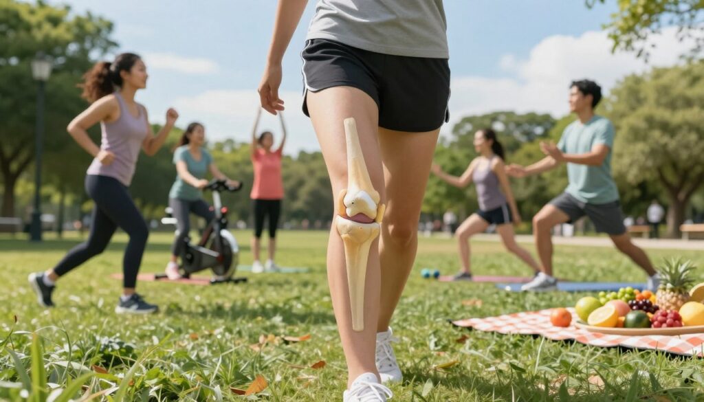 Visualize a vibrant scene depicting the importance of physical activity and diet for joint health, centered around a healthy knee joint. In the foreground, show a well-defined, anatomically accurate knee joint, highlighted to illustrate cartilage and connective tissues. In the middle ground, portray a diverse group of individuals engaging in various forms of exercise, such as jogging, cycling, and practicing yoga, all wearing athletic gear. In the background, feature a bright and inviting park setting, filled with greenery and a clear blue sky. Use soft, natural lighting to create a warm and encouraging atmosphere. Opt for a wide-angle lens to capture the dynamic interplay of activity and the importance of nutrition, symbolized by fresh fruits and vegetables placed on a picnic blanket nearby, emphasizing the synergy of diet and physical fitness in joint health.